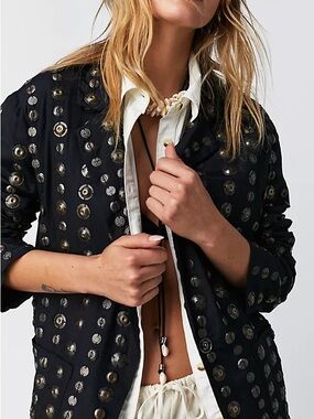 Free People Black Eyelet-Stud Bomber Jacket